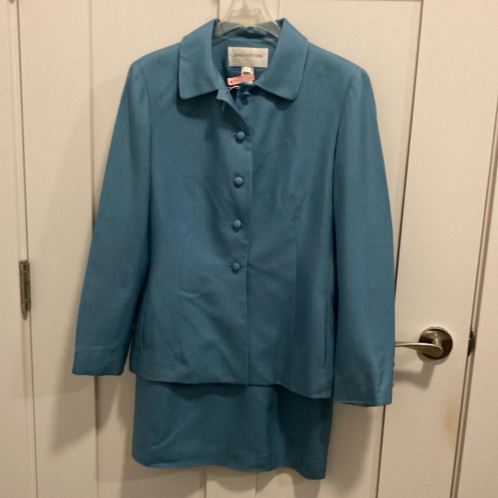 Women’s blue jacket and skirt suit. Jones New York.